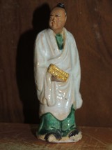 Chinese Mud Man Men 4&quot; White &amp; Green with yellow scroll Mudman Antique c... - $31.49