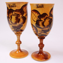 Vintage Hand Carved Wood Goblets Floral Design Collectible Haiti Set Of 2 Rare - £11.73 GBP