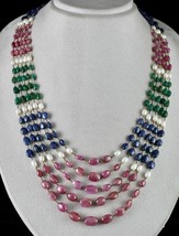 Natural Ruby Blue Sapphire Emerald Pearl Beads 505 Cts Gemstone 18KGOLD Necklace - £4,328.51 GBP