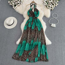Vintage Boho Sexy Halter Neck Leopard Print Summer Maxi Dress - £41.52 GBP