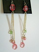  LONG Pink &amp; Green EARRINGS Lightweight Dangle Gold tone chains, New - £4.21 GBP