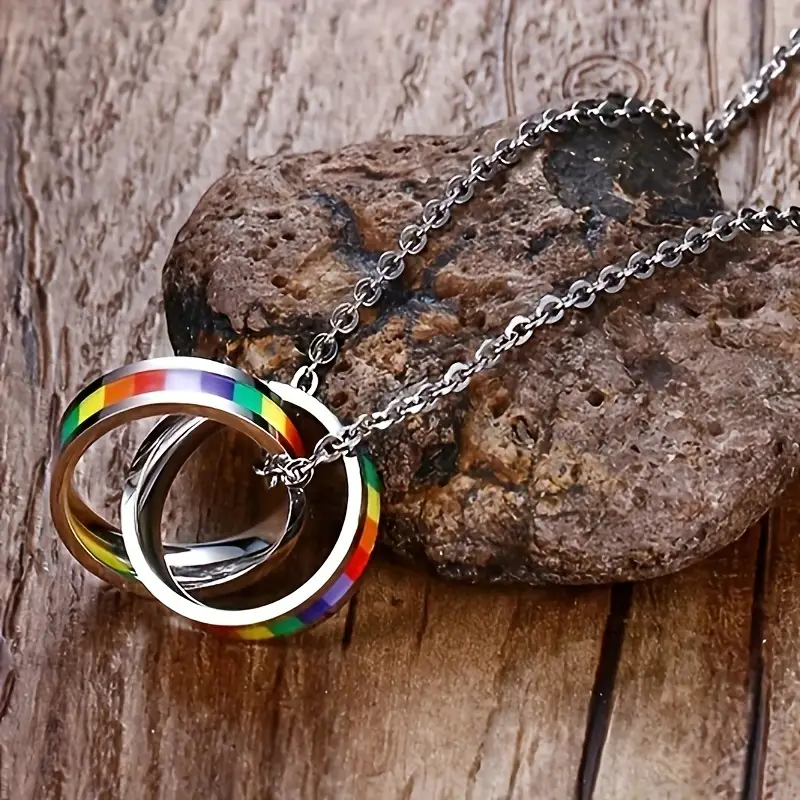 LGBT Rainbow Double Ring Pendant Stainless Steel Necklace Unisex - £11.96 GBP