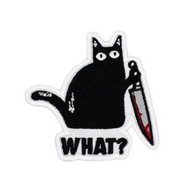 Cute Black Cat with Knife say What Embroidery Patch Iron On Size: 3.5 X ... - £5.93 GBP