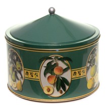 Fruit Cake Tin Decorative Can Round Green Peaches Apples Pears With Knob... - $11.85