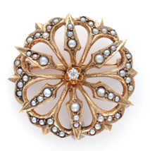 10k Yellow Gold Victorian Seed Pearl and Diamond Flower Starburst Pin (#... - $371.25