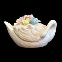 Porcelain SWAN Figurine Trinket Ring Box Lidded Applied Flowers Roses Vintage - £4.66 GBP