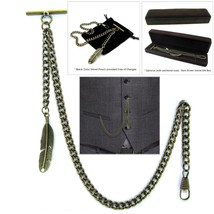 Albert Chain Bronze Pocket Watch Chain for Men with Feather Fob T Bar A50 - £14.15 GBP+