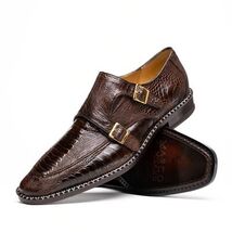 Genuine Ostrich Leg Double Monk Strap Shoes Napoli Brown image 3
