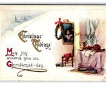 Interior Scene Wreath Christmas Day Tidings Embossed DB Postcard S4 - $3.91