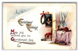 Interior Scene Wreath Christmas Day Tidings Embossed DB Postcard S4 - £3.13 GBP