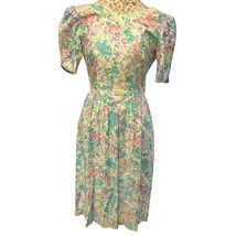  Vintage 80s Petit Laynz Size 10 Puff Sleeve Bow Back Pastel Floral Dress - $52.24