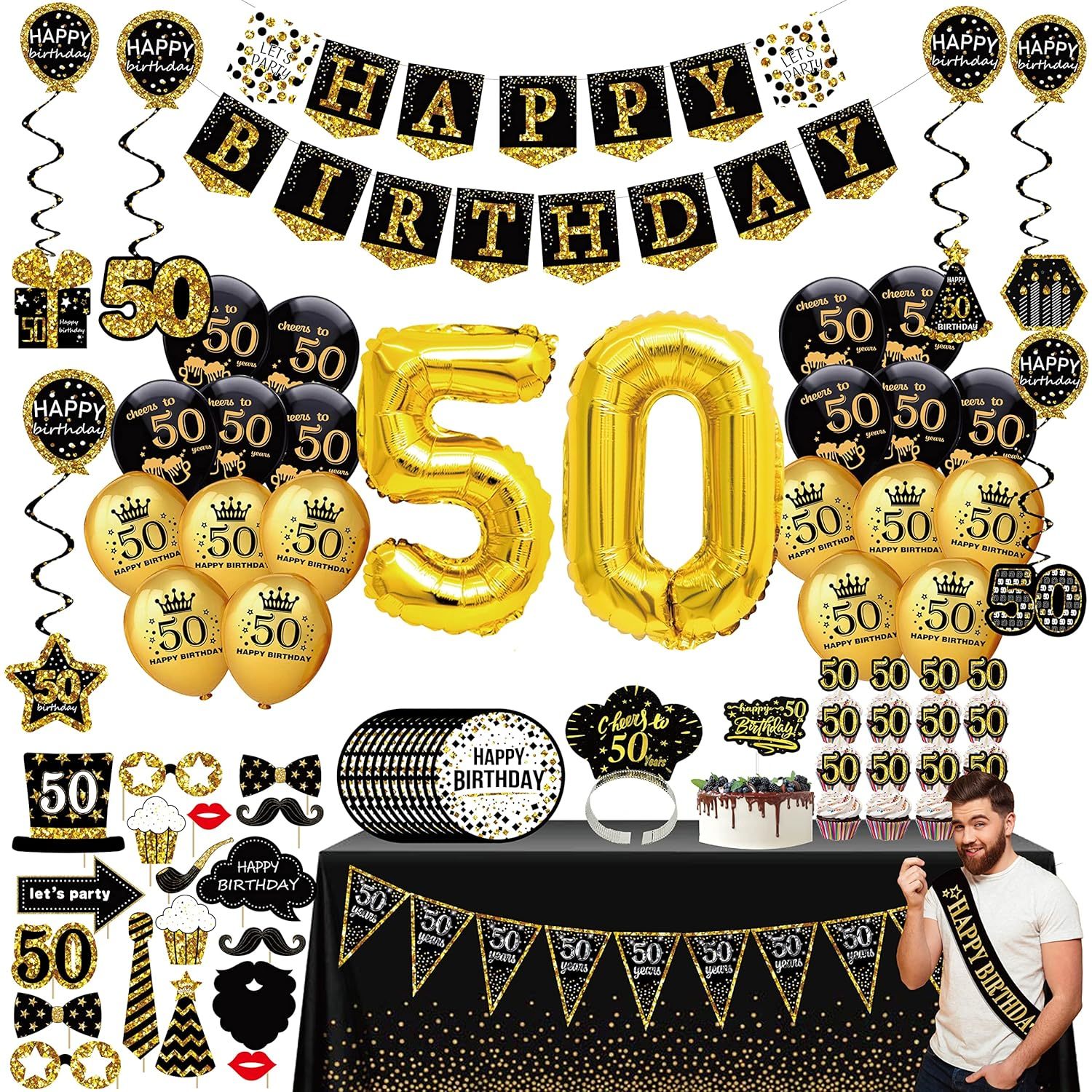 50Th Birthday Decorations For Men Women - (76Pack) Black Gold Party Banner, Penn