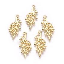 Leaf Charms Shiny Gold Tone Leaves Pendants Nature Tree 29mm Jewelry Making 10pc - £3.07 GBP