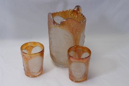 Imperial Glass Windmill Pitcher Marigold Carnival On Frosted + 2 Tumblers - $39.19