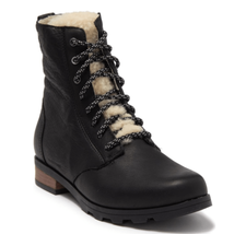 SOREL Emelie Genuine Shearling Lamb Fur Short Lace-Up Boot, Black, Size ... - £103.89 GBP