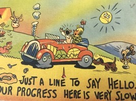 Postcard Vintage Delayed Road Trip Cartoon Linen Americana Vacation Travel - £11.73 GBP