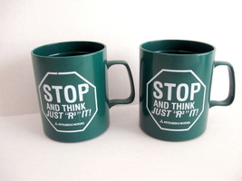 Two (2) Mitsubishi Motors Green Plastic Mugs STOP Think &quot;R3&quot; It - Made in Canada - £15.97 GBP