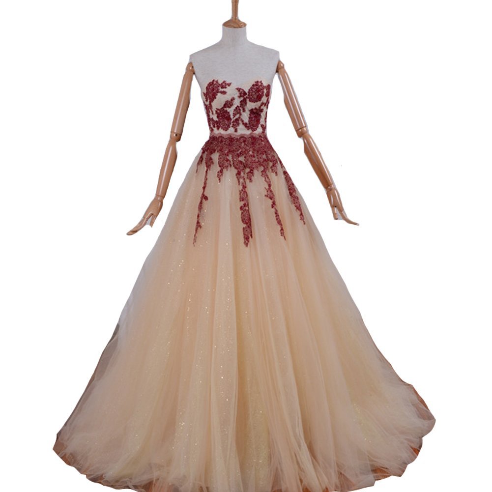 Kivary A Line Long Champagne and Wine Red Lace Formal Prom Evening Dresses Gothi