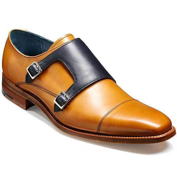 Men's Monk Double Buckle Strap Tan Black Contrast Genuine Leather Shoes US 7-16