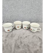 Set Of 4 White Ceramic Teacups With Pink Flower Design &amp; Green Rim - £15.76 GBP