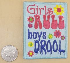 GIRLS RULE BOYS DROOL BLUE IRON-ON / SEW-ON EMBROIDERED PATCH 2 1/2 &quot;X 3... - $4.29