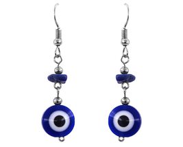 Blue Evil Eye Nazar Bead Chip Stone Dangle Earrings - Womens Handmade Je... - £11.76 GBP