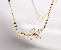 14K Gold Mini Vine Leaf Necklace 925 Silver, gift, chain, petal, dainty, crystal - £41.31 GBP