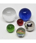 VTG GLASS MARBLES LOT OF 6 Assorted Design Red Clear Blue Metallic Green... - £11.27 GBP