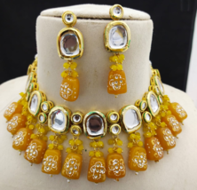 Gold Plated Bollywood Style Indian Kundan Choker Yellow Necklace Jewelry Set - £37.44 GBP