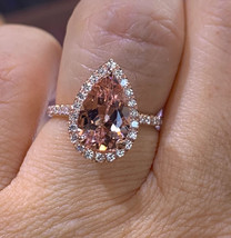 2.50Ct Pear Cut Lab Created Morganite Halo Engagement Ring 14K Rose Gold Plated - £97.15 GBP
