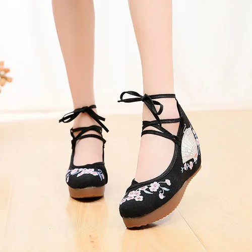 Veowalk Chinese Fan Embroidered Women Canvas Hidden Platform Shoes Ankle Strap R - $72.17