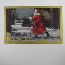 Vintage Christmas Postcard Old World Santa Toy Sack Snow Gold Embossed Antique - £15.79 GBP