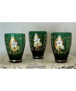Vtg Bohemian Glass Set of 3 Czech Green Gold Leaf Hand Painted Porcelain... - €17,07 EUR