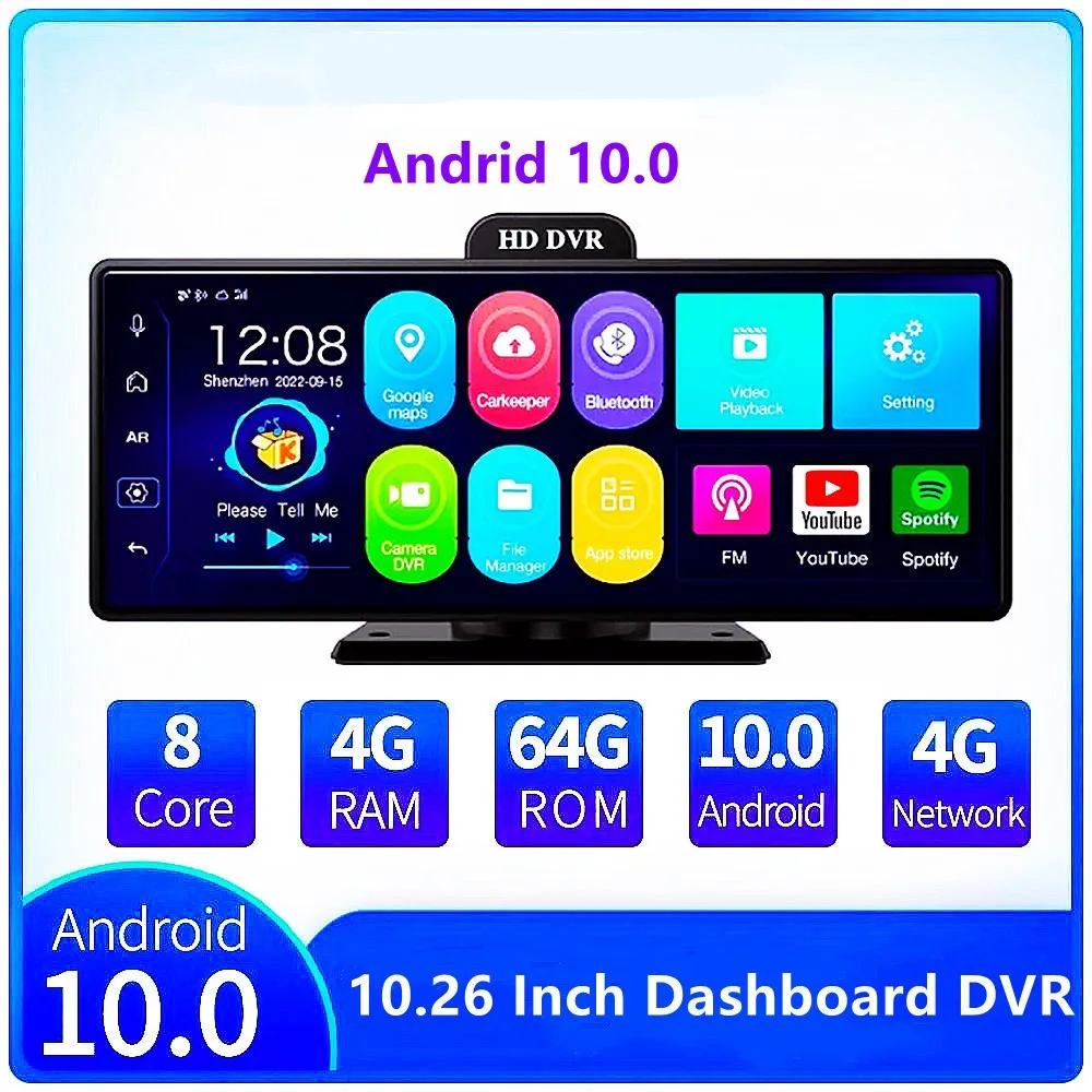 10.26 Inch 4G Dash Cam Android 10.0 4+64G 8 Core ADAS 5G WiFi Car DVR GPS FM 24H - £202.59 GBP+
