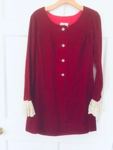 Vtg Red Velvet Mod Gogo 1960s Mini Dress Wednesday Lace Bell Rhinestone Xs Siro - £143.43 GBP