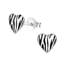 Heart 925 Sterling Silver Stud Earrings with Zebra Print - £11.17 GBP