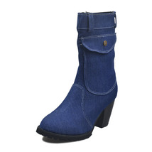 Trend Denim Women Mid-calf Boots Handmade Sewing Packet Lining Platform Square H - £40.95 GBP