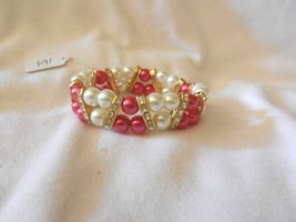 New Hot Pink &amp; White Glass  Beads Stretch Rhinestones 2 row Faux Pearl Bracelet  - £3.93 GBP