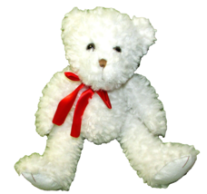 FIRST &amp; MAIN SCRAGGLES BEAR WHITE TEDDY PLUSH STUFFED ANIMAL RED RIBBON ... - £6.52 GBP