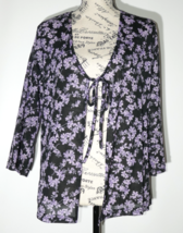 Jaclyn Smith Vintage Sheer Floral Tie-Front Blouse Black Purple Cardigan... - $19.99