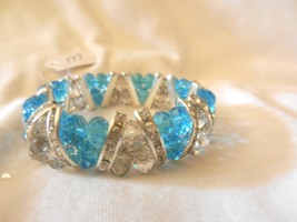 New Ocean Blue Crystal Clear Beaded Stretch Silver Rhinestones Sparkle Bracelet  - £4.02 GBP