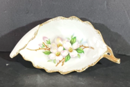 Vintage LEAF-SHAPED TRINKET DISH Hand Painted Dogwood Gold Trim NW-DW-56 - $4.74
