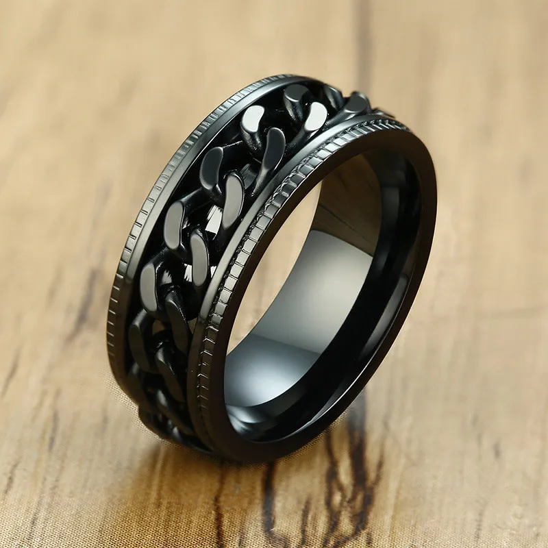 New Fashion Black Chain Wedding Ring for Men Punk Vintage Stainless Steel Finger - £11.90 GBP