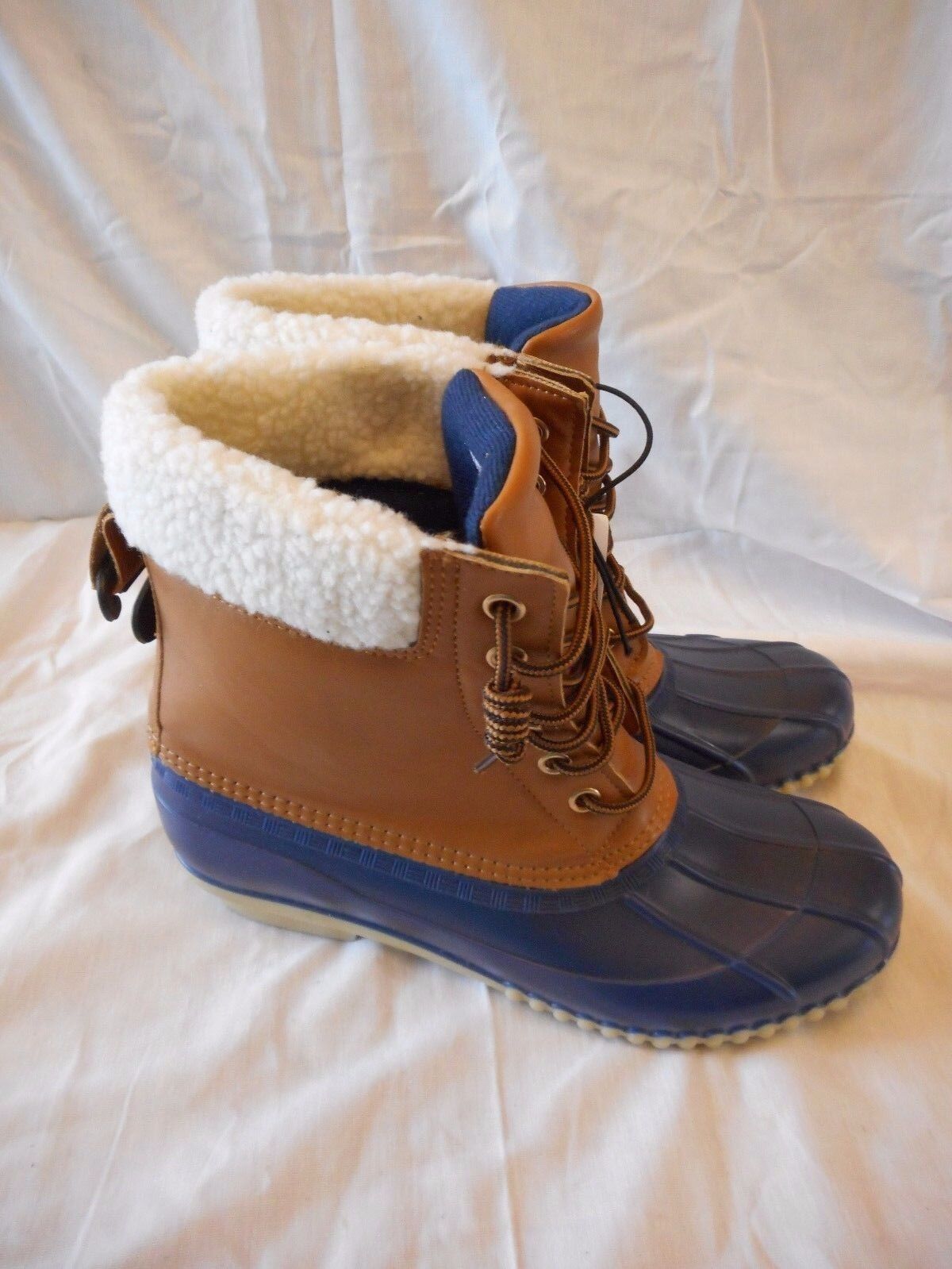 Primary image for Women's Rue 21 Blue & Brown Rubber Boots Size Large 8/9 NEW Water Resistant
