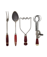 Vintage A&amp;J Red Wood Handle Serving Spoon, Fork, Egg Beater, Masher Set ... - $18.84 CAD