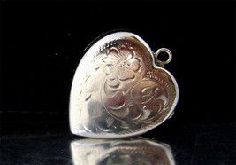 Vintage Sterling Heart Locket Pendant 2 Picture Bright Cut Etched  Signed - £22.43 GBP