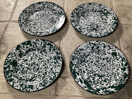 4 Vtg CGS International Green Splatterware Enamelware Dinner Plates - £18.30 GBP