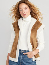 Old Navy Faux Suede Sherpa Trim Vest Womens S Brown Sleeveless Open Front NEW - £27.59 GBP
