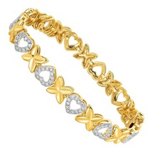XO&#39; Heart Link Bracelet with Simulated Diamond in 14K Yellow Gold Over Brass, 7&quot; - £44.73 GBP