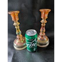 Set of 2 Amber Marigold Carnival Glass Candlestick Holder Iridescent 8.5... - $51.97